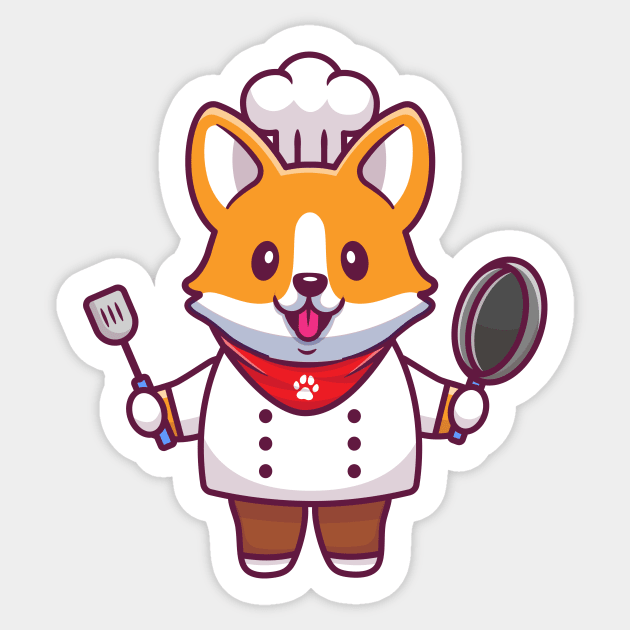 Cute Corgi Chef With Frying Pan And Spatula Sticker by Catalyst Labs